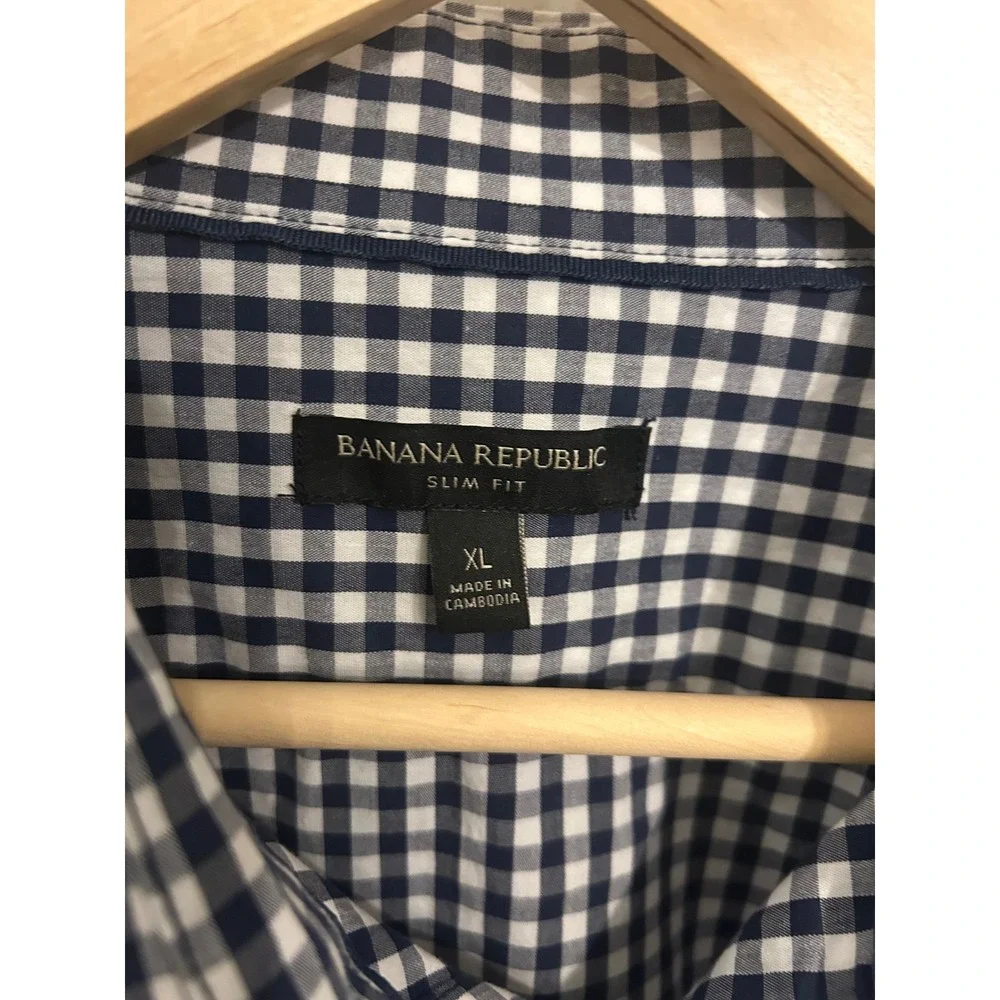 Banana Republic XL Slim‎ Fit Gingham Button Down Shirt Navy Blue White Stretch